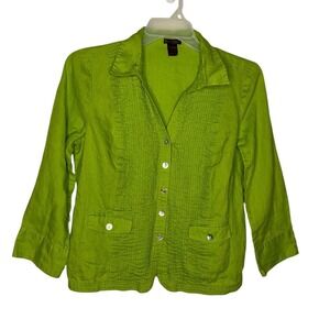 Sara Isabella Womens Linen Lime Green Pin Tucked Button Down Shirt Jacket Medium